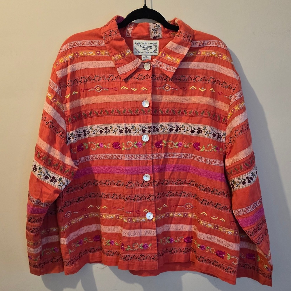 Tantrums Orange Embroidered Floral Stripe Cotton Button Down Shirt XL Boho